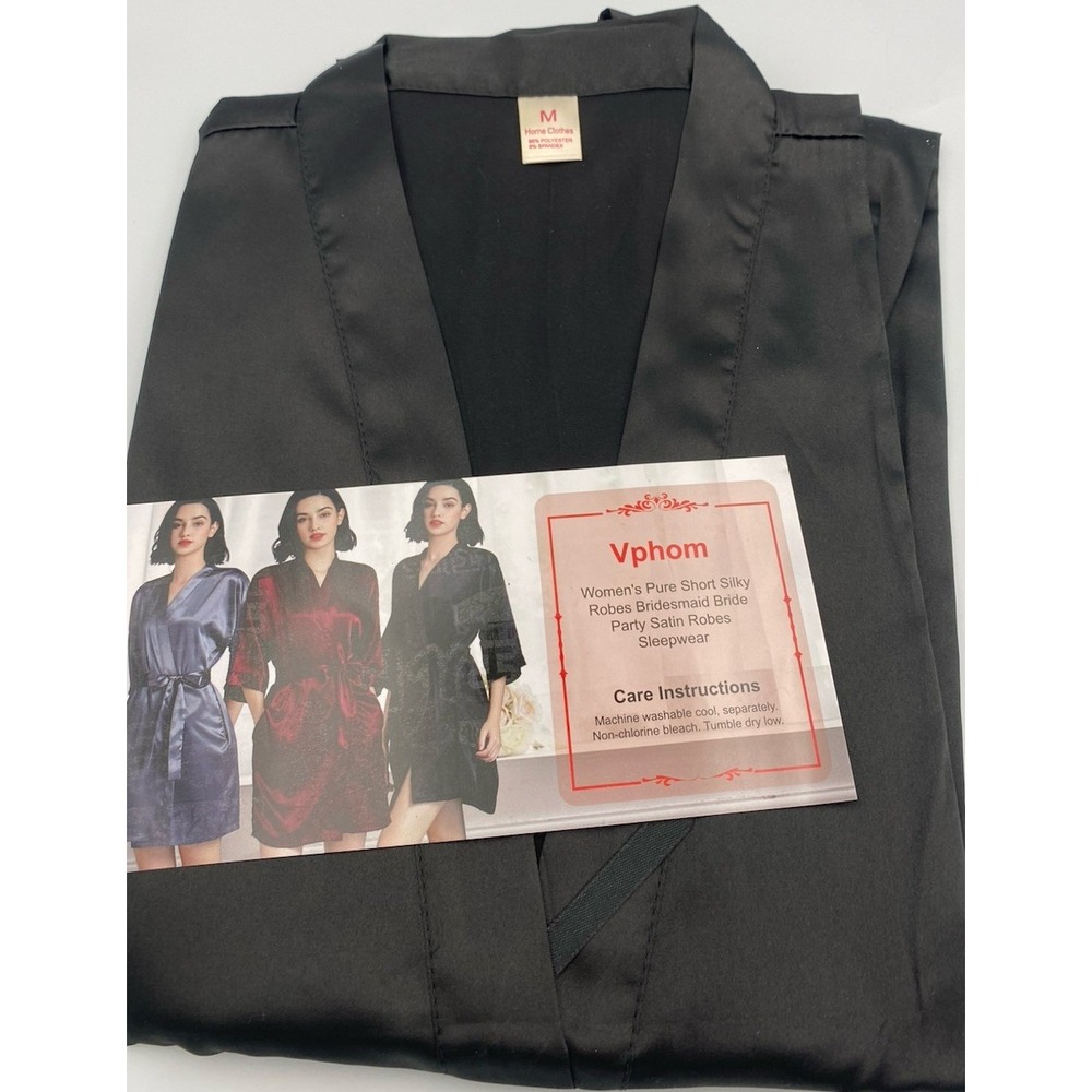 Women's Short Black Satin Robe‎ Size Medium Great Gift Wedding Bridesmaid NEW - Picture 2 of 3